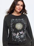 Vintage Washed Sun Floral Print Crew Neck Sweatshirt