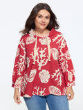 Coral Shell Print Drawstring Hooded Sweatshirt