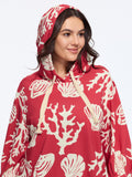 Coral Shell Print Drawstring Hooded Sweatshirt