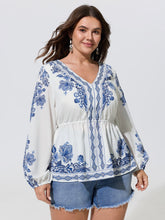 Porcelain Floral Print V Neck Chiffon Blouse