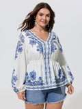 Porcelain Floral Print V Neck Chiffon Blouse
