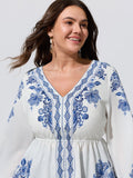 Porcelain Floral Print V Neck Chiffon Blouse