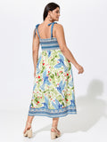 Floral Print Shirred Shoulder Tie Maxi Dress