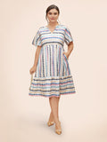 Dot Print Elastic Waist Split Neck Mini Dress