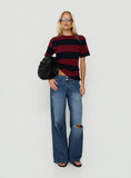 Ramos Low Rise Double Button Distressed Wide Leg Denim Jeans Mid Blue