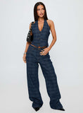 Top Model Low Rise Straight Leg Jeans Indigo Plaid