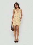 Isidorah Halter Pleat Mini Dress Blurred Yellow Floral
