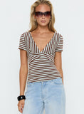 Madelon Short Sleeve Wrap Top Brown / Blue Stripe