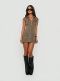 Barnadetta Collared Short Sleeve Utility Mini Dress Khaki
