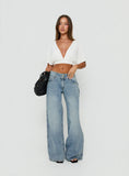 Ramos Low Rise Double Button Wide Leg Denim Jeans Light Vintage Blue