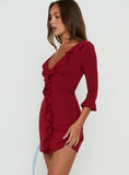 Venice Baby Knit Frill 3/4 Sleeve Mini Dress Wine