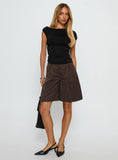 Lorina Tailored Longline Shorts Brown Pinstripe
