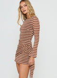 Avenor Long Sleeve Tie Detail Mini Dress Brown / Yellow Stripe