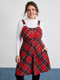 Plaid Print Zipper Overall Straps Mini Dress
