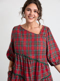 Festive Plaid Wavy Trim Mini Dress