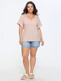 Cotton Lace Neckline Casual Plain T-Shirt