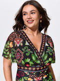 Sarong Set Tropical Print Sheer One-Piece Swim