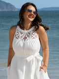 Cotton Sheer Lace Neckline Waist-Tie Maxi Dress
