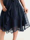Ruffled Neckline Wrap Sheer Hem Midi Dress