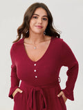 Textured Belted Waist Button Midi Dress