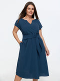 Split Neckline Side Waist-Tie Midi Dress