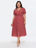 Micro Floral Print Button Split Hem Midi Dress