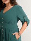 Pure Cotton Button Gathered Sleeve Midi Dress