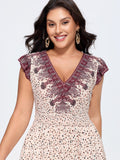 Floral Print Color Contrast V-Neck Midi Dress