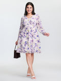 Artistic Floral Print Pleated Waist Mini Dress