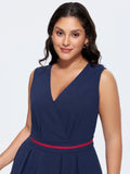 Color Contrast Pleated V-Neck Midi Dress