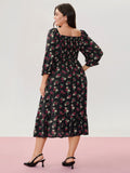 Colorful Rose Pattern Drawstring Neckline Midi Dress