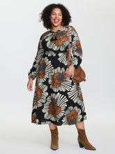 Large Floral Print Notched Collar Midi Dress