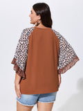 Cotton Leopard Print Ruffled Cuff Knit Top