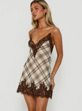 Call My Lover Lace Slip Mini Dress Brown Check