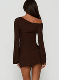 Still Spinning One Shoulder Belted Mini Dress Brown