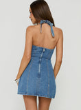 Say Goodnight Denim Halter Mini Dress Bright Blue Wash
