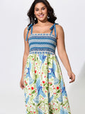 Floral Print Shirred Shoulder Tie Maxi Dress