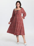 Floral Print Square Neckline Drawstring Midi Dress