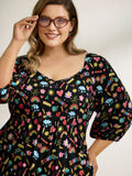 Playful School Print Rayon Deep Neck Midi Dress