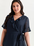 Ruffled Neckline Wrap Sheer Hem Midi Dress
