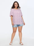 Floral Ruffle Sleeve Gathered Round Neck Blouse