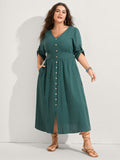 Pure Cotton Button Gathered Sleeve Midi Dress