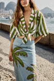 Green Spring Stripes Embroidered Crop Top
