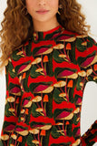 Black Wild Mushrooms Ruched Waist Jersey Blouse