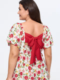 Rose Print Back Bow Detail Midi Dress