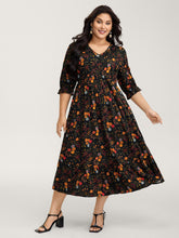 Floral Branch Print Lace Trim Midi Dress