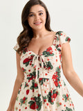 Strawberry Print Ruched Adjustable Bodice Midi Dress