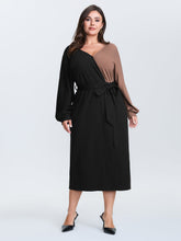 Surplice Neck Color Block Tie Waist Midi Dress