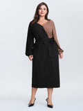 Surplice Neck Color Block Tie Waist Midi Dress