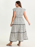 Geometric Print Lace Trim Tiered Maxi Dress
